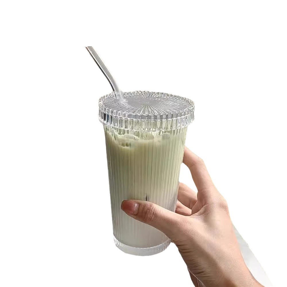 Vertical coffee cup, ins style, covered straw glass cup, home high school girls' appearance level, milk tea latte cup, drinking cup Item Picture