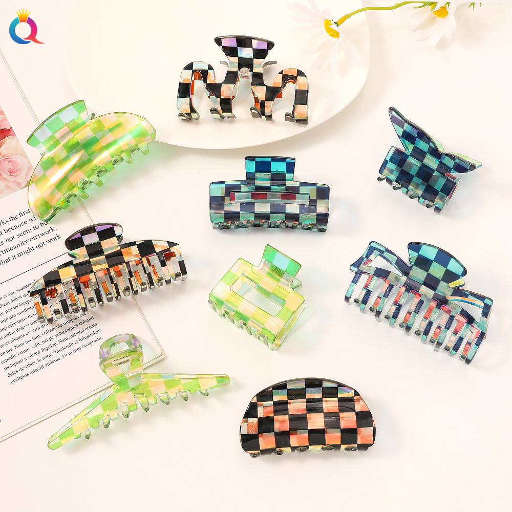 Qiyue Korean-style acetate hair clips, fashionable and retro checkerboard pattern, back head updo hair clips, and colorful shark clip headwear full figure
