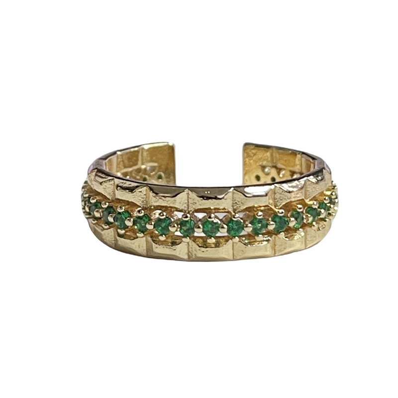 French retro emerald-like zircon ring with wavy pleats for women, a court style adjustable index finger ring Item Picture