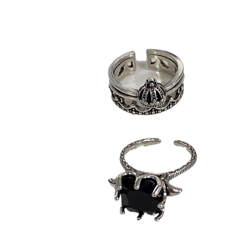 Dark retro aged zircon ring, female hip-hop Instagram style, fashionable and individual, niche design sense, open-mouth eating ring Item Picture