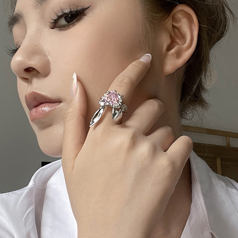 Sweet and cool style folded-ear rabbit pink diamond heart-shaped zircon open ring for girls, fashionable and exquisite, light luxury and trendy personality ring details Picture