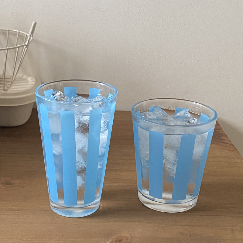 Homemade retro and fresh ins glass cups, blue striped polka dot simple water cups, milk cups, and niche coffee cups details Picture