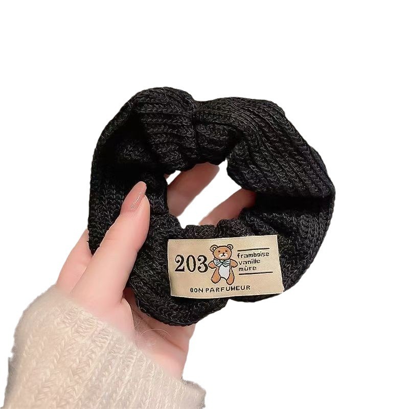 Woolen knitted large intestine hair tie for women's autumn and winter bestsellers, ponytail hair tie with label, little bear pleated hair tie, simple headwear Item Picture