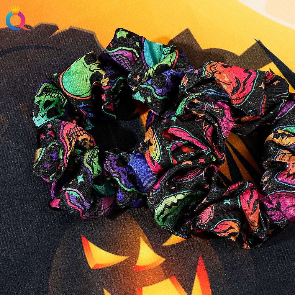 Qiyue European and American Halloween Large Intestine Hair rings, pumpkin skull hair ropes, thrilling and personalized holiday hair accessories for women wholesale Specification drawing