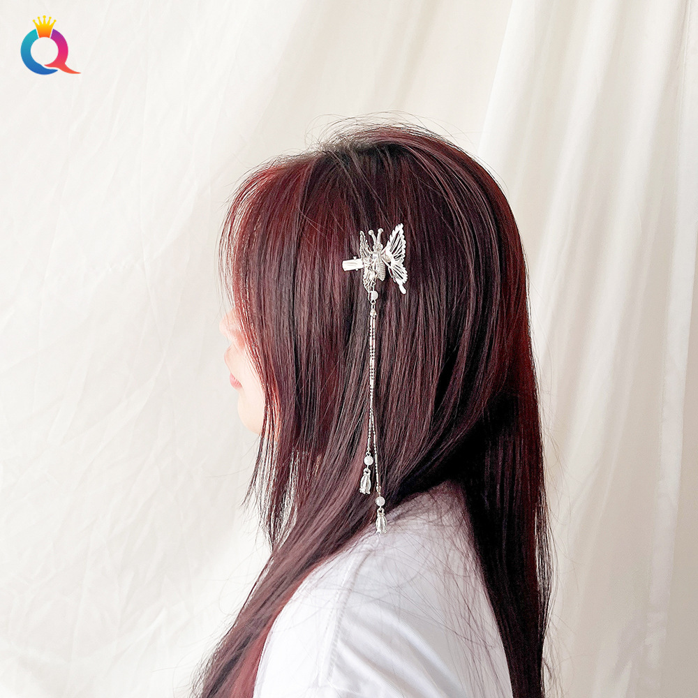 Qiyue Cross-border's moving butterfly flapping disc tassel hair clip, super ethereal three-dimensional metal grab clip, retro duckbill clip hair accessory details Picture