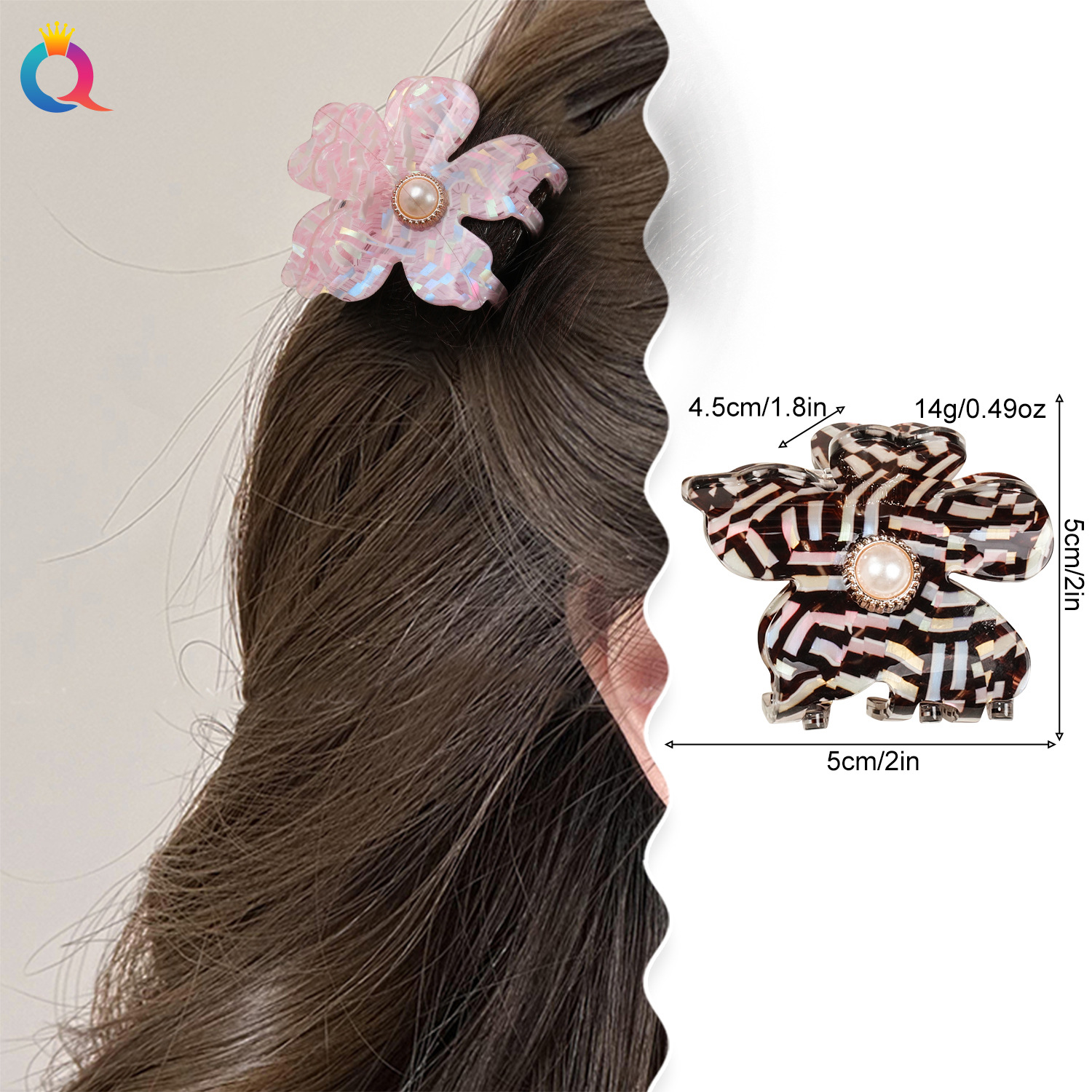 Wholesale of Qiyue Cross-border acrylic pearl five-petal flower hair clips, updo hair clips, women's back head shark clips details Picture