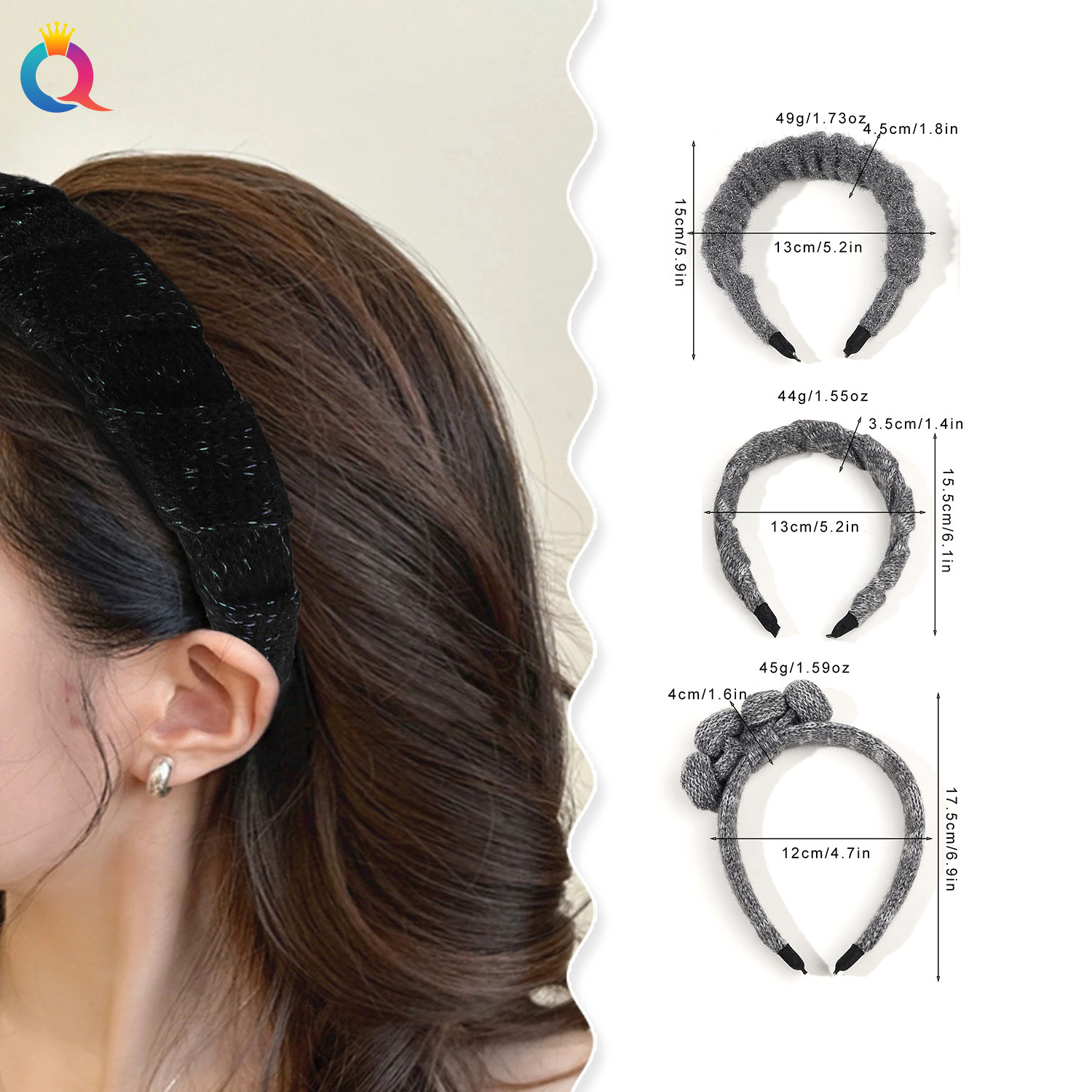 Qiyue Cross-border Bright Silk woolen knitted hair Band, High skull top, long hair, high-end velvet hair hole headband, hair accessory wholesale details Picture
