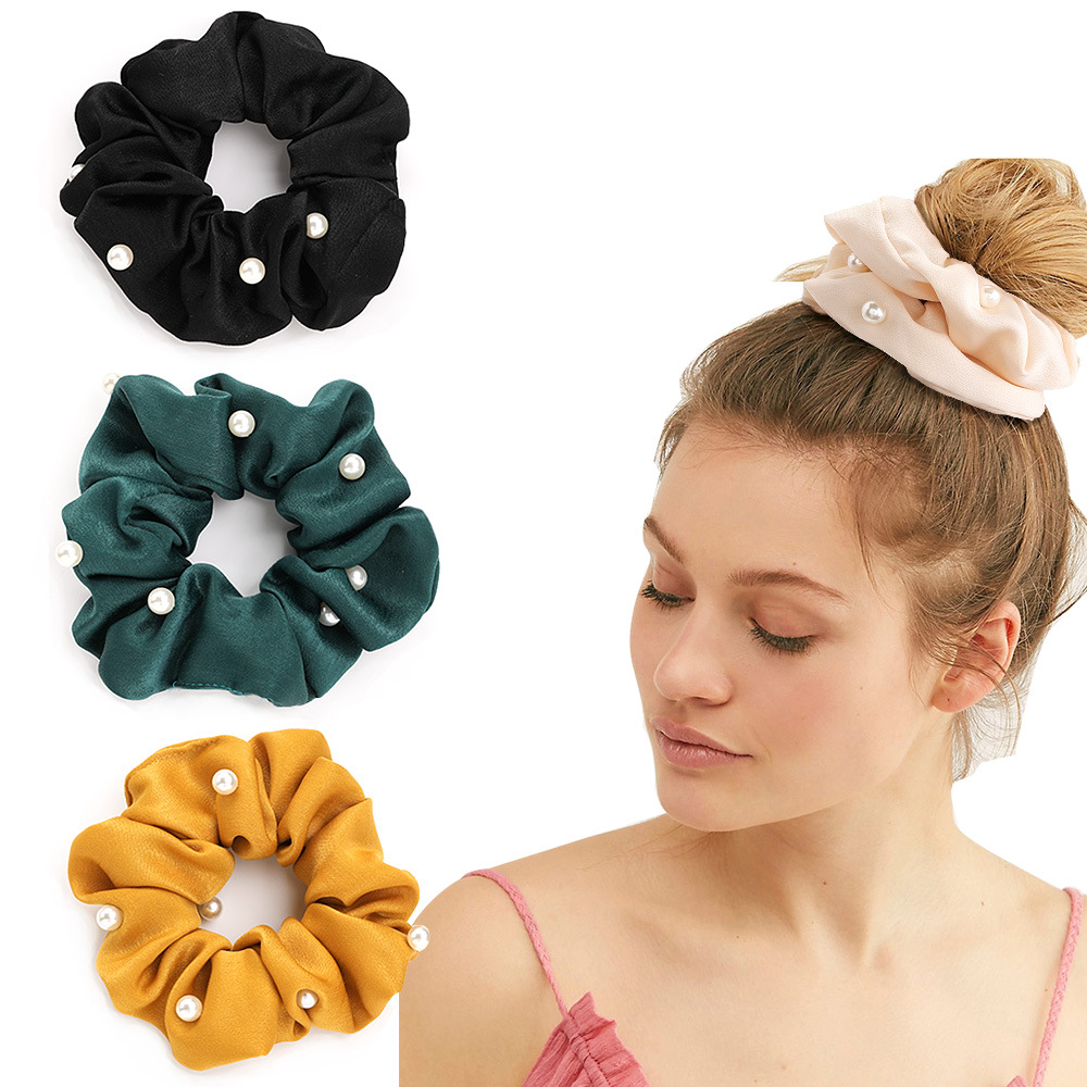 Qiyue's new Korean version pearl hair band, simple and fashionable fabric large intestine band, ponytail tie, factory wholesale C98 details Picture