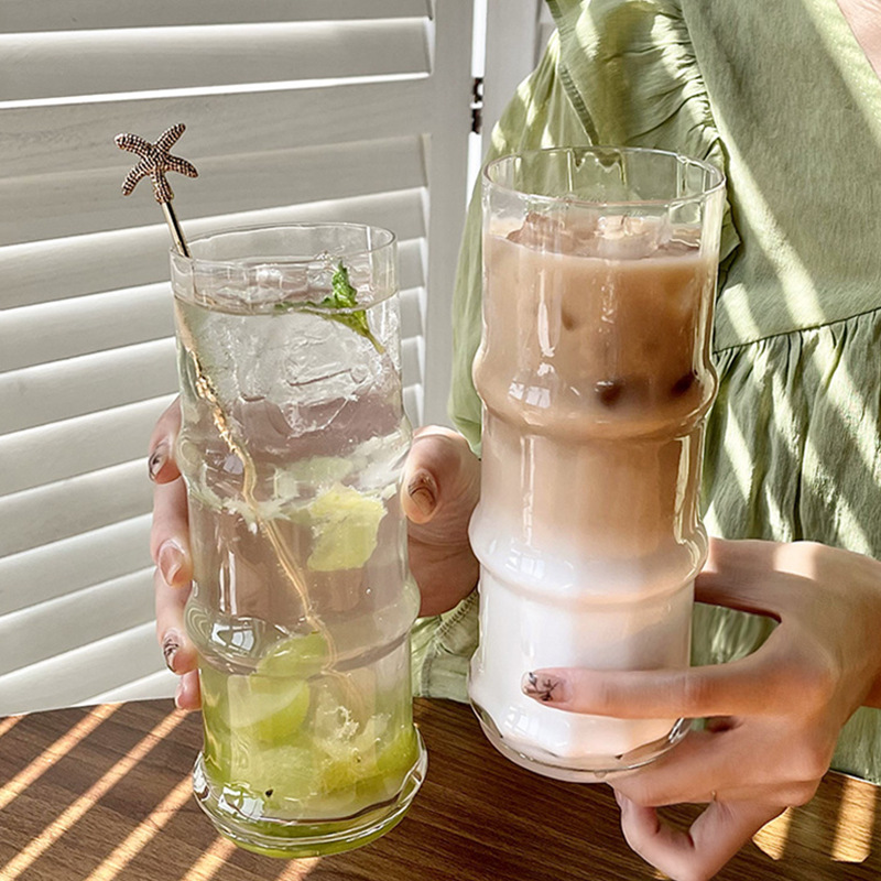 Latte coffee cup, InS-style bamboo joint glass water cup, transparent home iced American latte cup, juice drink cup full figure