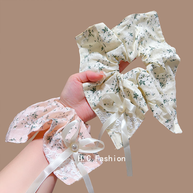 High-end bow fabric handkerchief, large intestine hair band, sweet and cute, fresh and small ponytail floral hair band and hair accessory full figure