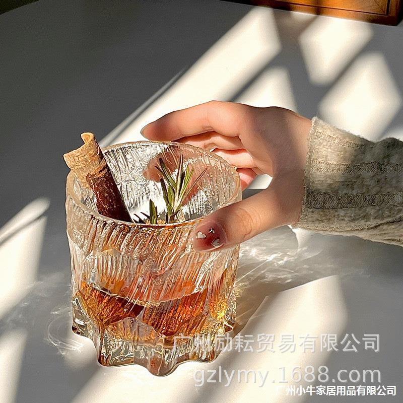 Wholesale of high-appearance-level black ice cups, glacial-patterned glass cups, retro rock cups, household glass whisky wine glasses and water cups Specification drawing