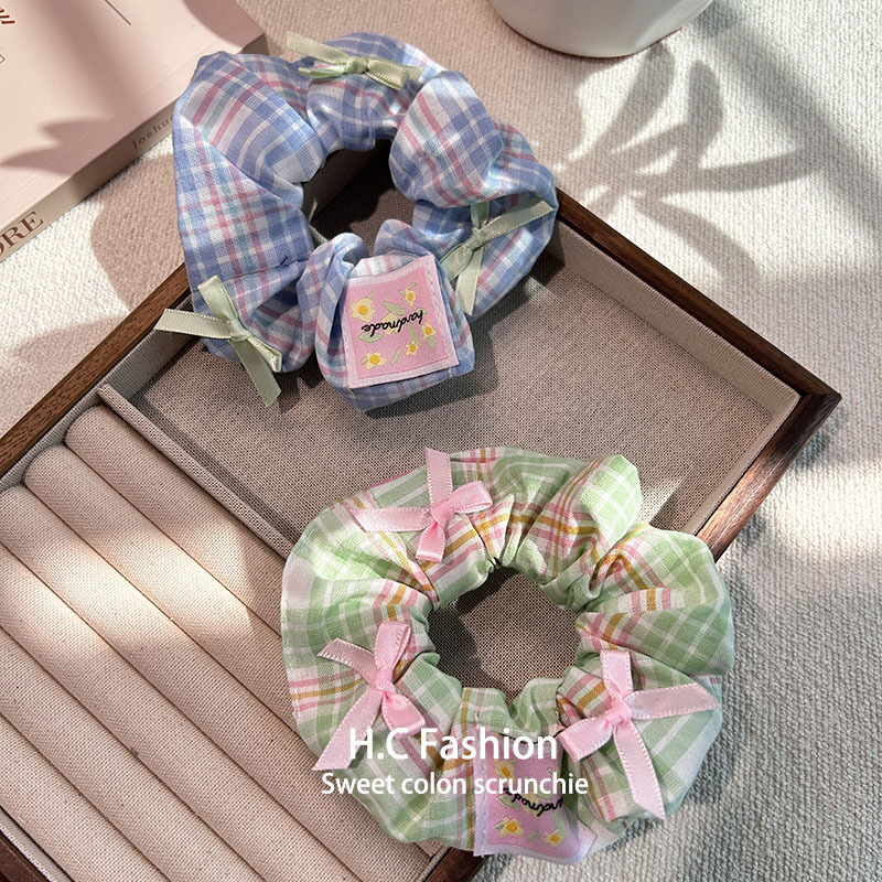 Summer Internet celebrity gentle Korean-style bow fabric large intestine circle check pattern elegant female hair band, ponytail hair tie hair accessory Specification drawing