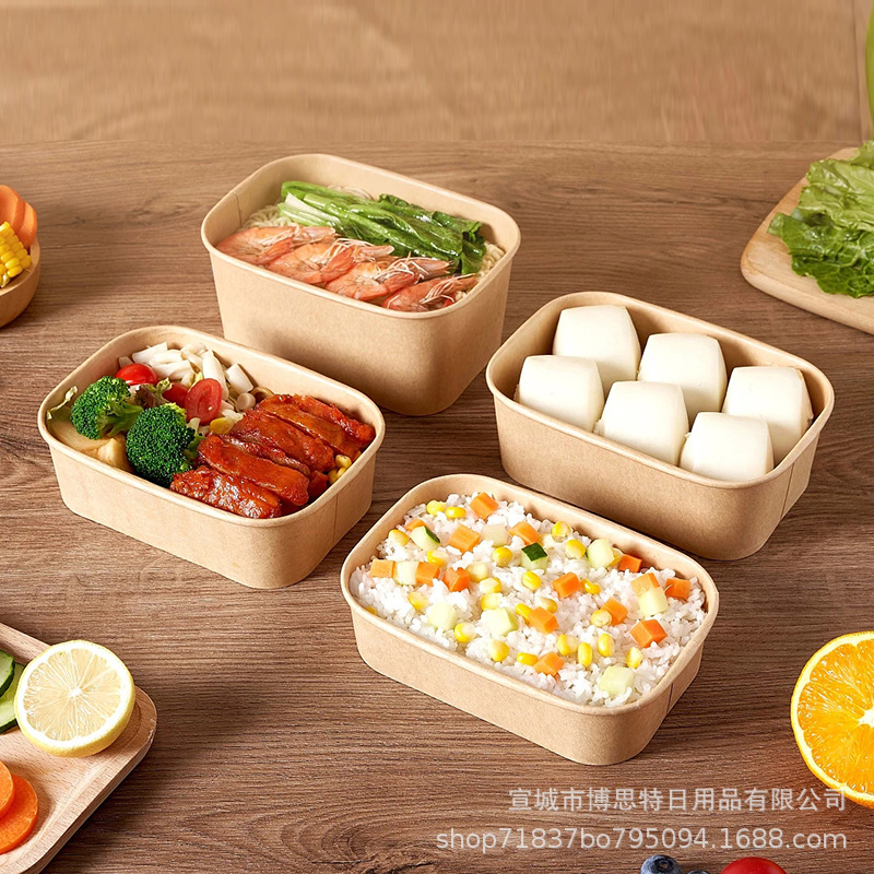 Kraft paper disposable takeout box, baking box, salad bento box, rectangular paper bowl, kraft paper covered takeout bowl Application Scenario