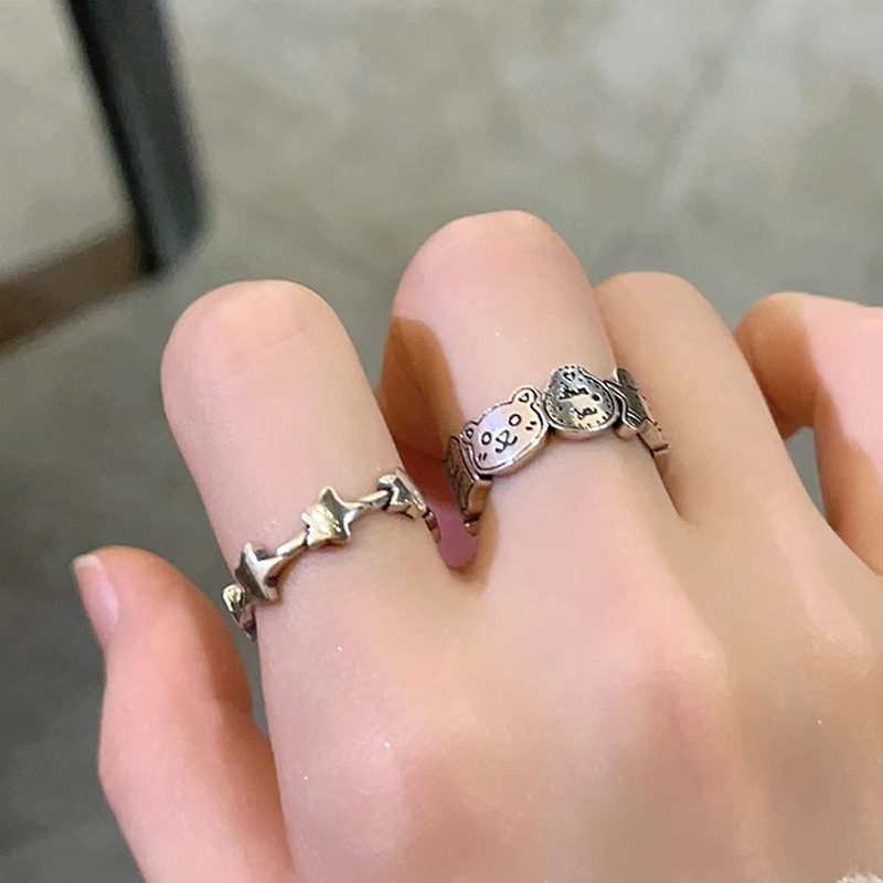 Retro, unique and simple cartoon bear rabbit star opening ring, cute index finger ring for women on Instagram, trendy and cool Specification drawing
