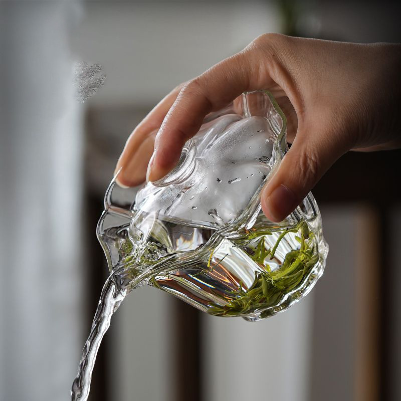 Home flower tea serving bowl, office smoky-gray high borosilicate heat-resistant transparent glass with filter holes, multi-material covered bowl Specification drawing