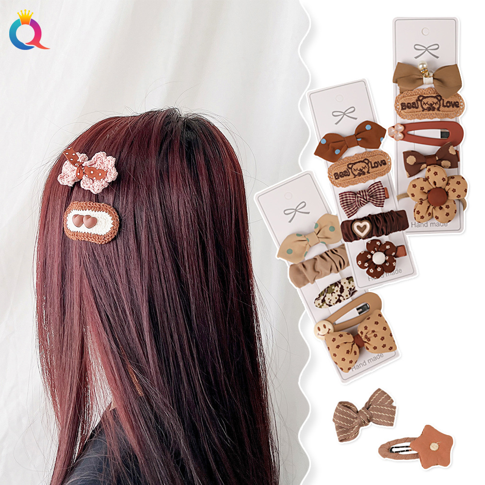 Qiyue Cross-border Fabric Bow Hair Clips, Little girl milk tea-colored bangs clips, ins duckbill clips hair accessories wholesale details Picture