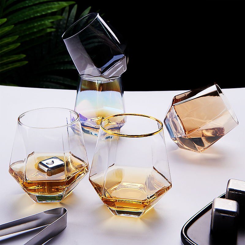 Wholesale of colorful hexagonal glass cups, European whisky wine glasses, household hexagonal transparent juice cups and drinking cups Specification drawing