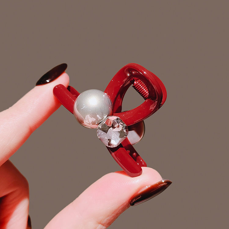Ankara Red Pearl Rhinestone Mini scratch-off Clip, New Year Red Hairpin, high-end New Year Side clip, bangs clip details Picture