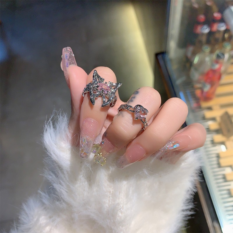 Sweet and cool zircon butterfly ring design, open ring, stacked irregular ring, pink diamond heart lock, index finger ring details Picture