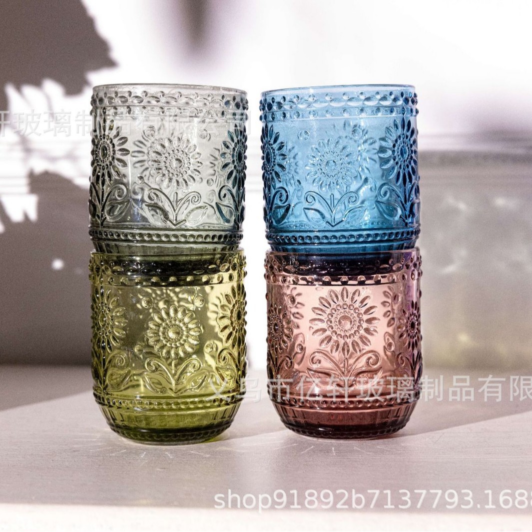 Factory wholesale vintage embossed sunflower colored glass water cups, sunflower household milk and juice cups, cold drink cups details Picture