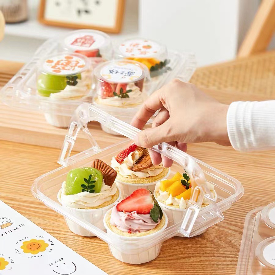 Cupcake packaging box, 4-piece tray, cream cups, plate tarts, hand-held transparent box, dessert baking packing box full figure