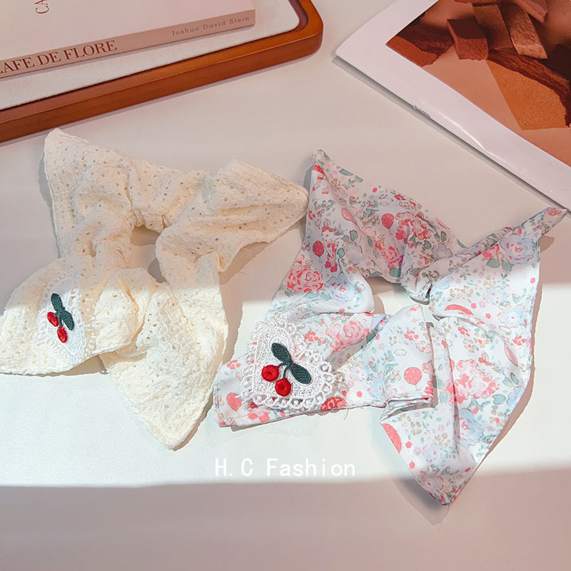 Large Intestine hair band 2025, cute cherry white square scarf, sweet hair flower, girlish polka dot hair tie, trendy hair accessory Specification drawing