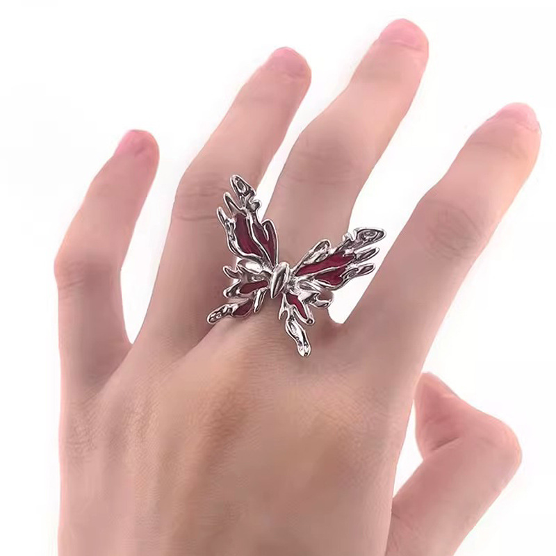 Butterfly lava texture red drip glaze open ring female cross personality cool hip-hop cold style food ring details Picture