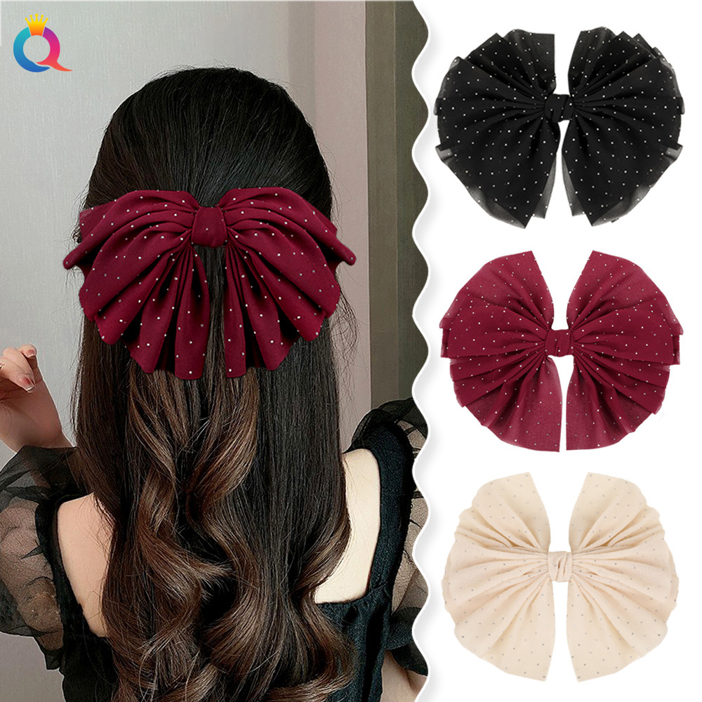 Wholesale of Qiyue extra-large water diamond fabric spring clips, sweet bow hair clips, high-end hair curls, grappling clips and hair accessories details Picture