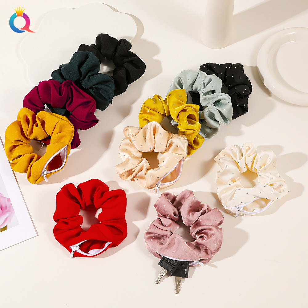 Qiyue solid color velvet silk fabric zipper large intestine hair band, wholesale of cross-border large intestine hair band pocket hair accessories from Europe and America full figure