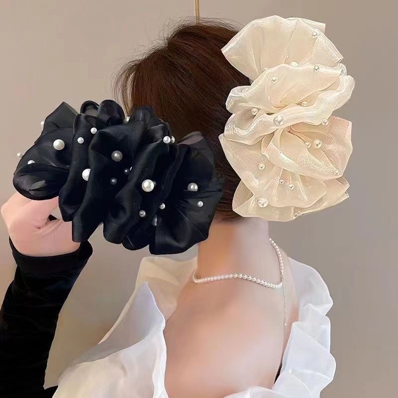 2024 New bubble mesh pearl claw clip for women, multi-layer bow, oversized shark clip at the back of the head full figure