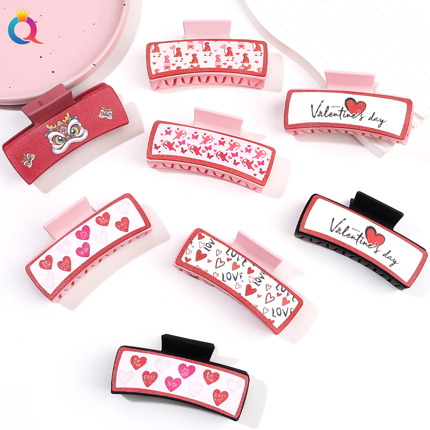 Qiyue Cross-border PU Shark Clip, Leather hair clip, Valentine's Day Amazon hair accessory, Pink clip, updo, hair clamp wholesale details Picture
