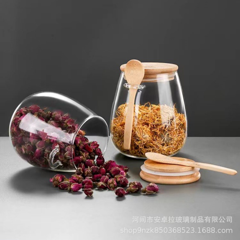 Customized large-capacity glass storage jars with LIDS, spoons, household five-grain storage, flower and tea jars, seasoning jars details Picture