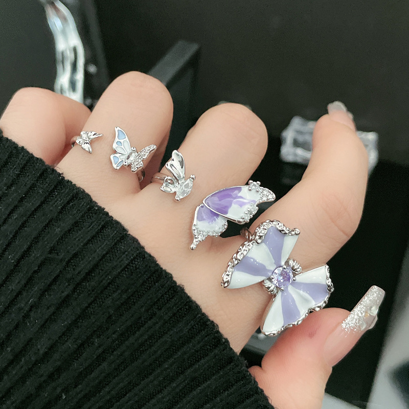 Cross-border fashion sweet and cool butterfly purple drip glaze open ring, women's Instagram cold style light luxury high-end index ring details Picture