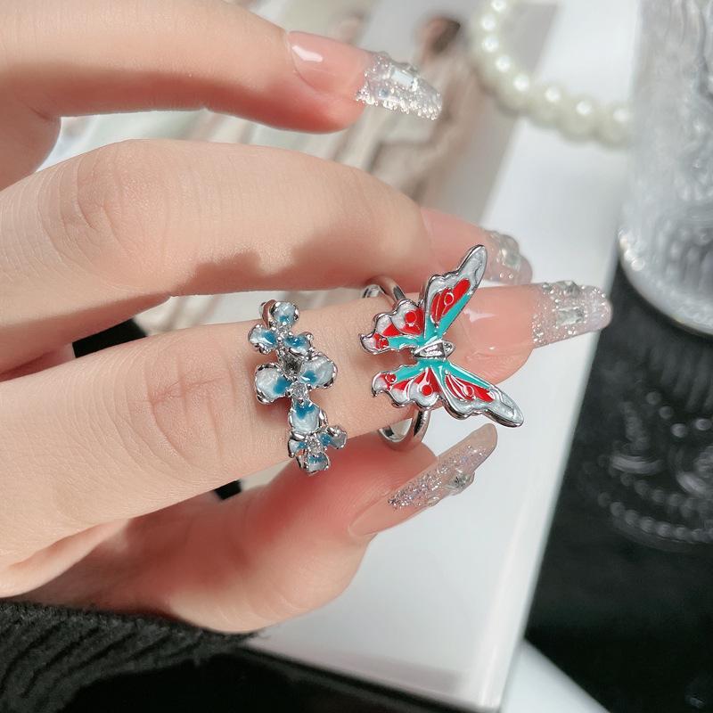 A niche design, super fairy enamel gradient flower versatile ring, a light luxury butterfly versatile, fashionable and high-end ring for women details Picture