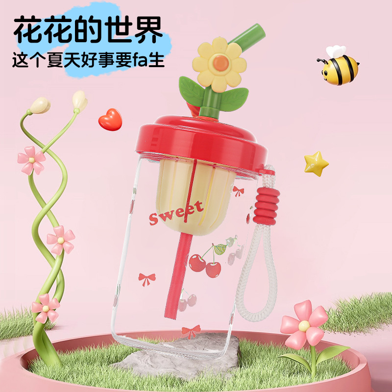 Wholesale flower tea cups, straw cups, juice cups, cold brew glass tea cups, lemonade, portable tea cups for girls to travel with Specification drawing