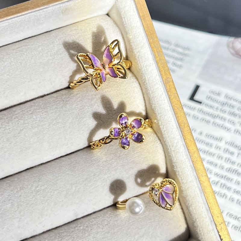 Butterfly Ring for Women 2025 New style, purple enamel sweet and cool flower, light luxury and high-end, unique student index finger ring trend full figure