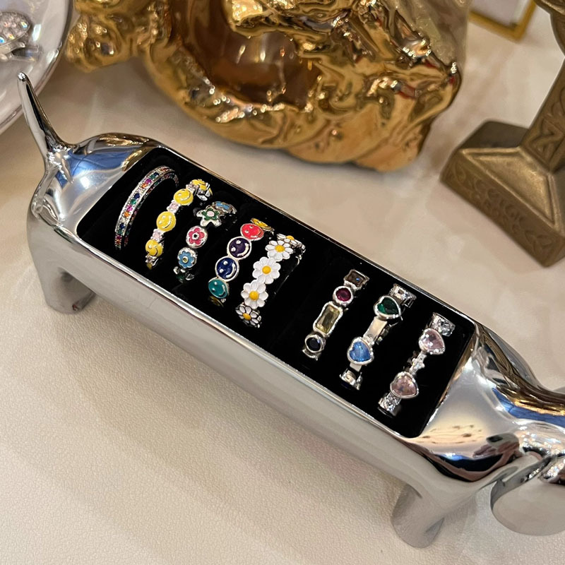 Sweet and cool color diamond heart-shaped smiling face flower opening ring, niche design, unique and fashionable, cool style index finger ring details Picture