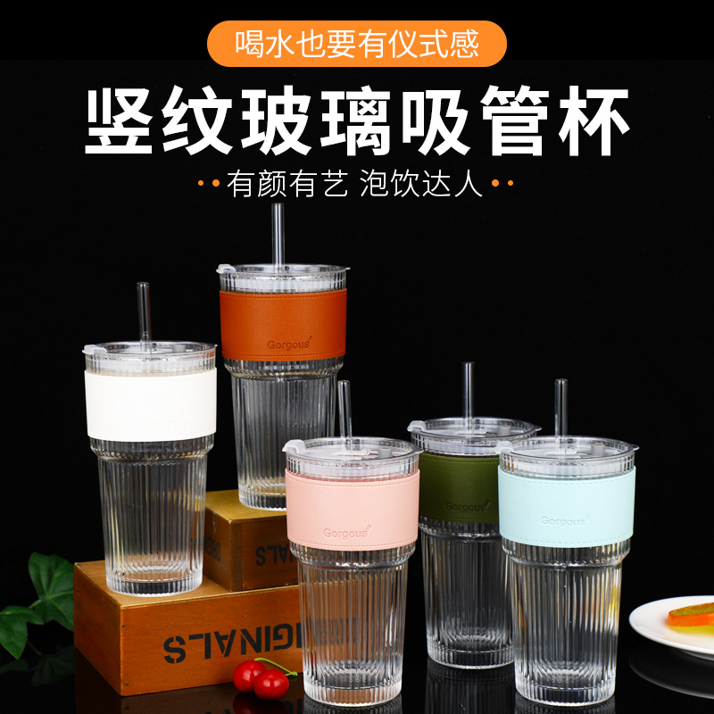 Large-capacity vertical bamboo joint cup, simple household glass straw cup, opening gift cup, InS-style straw cup with lid full figure