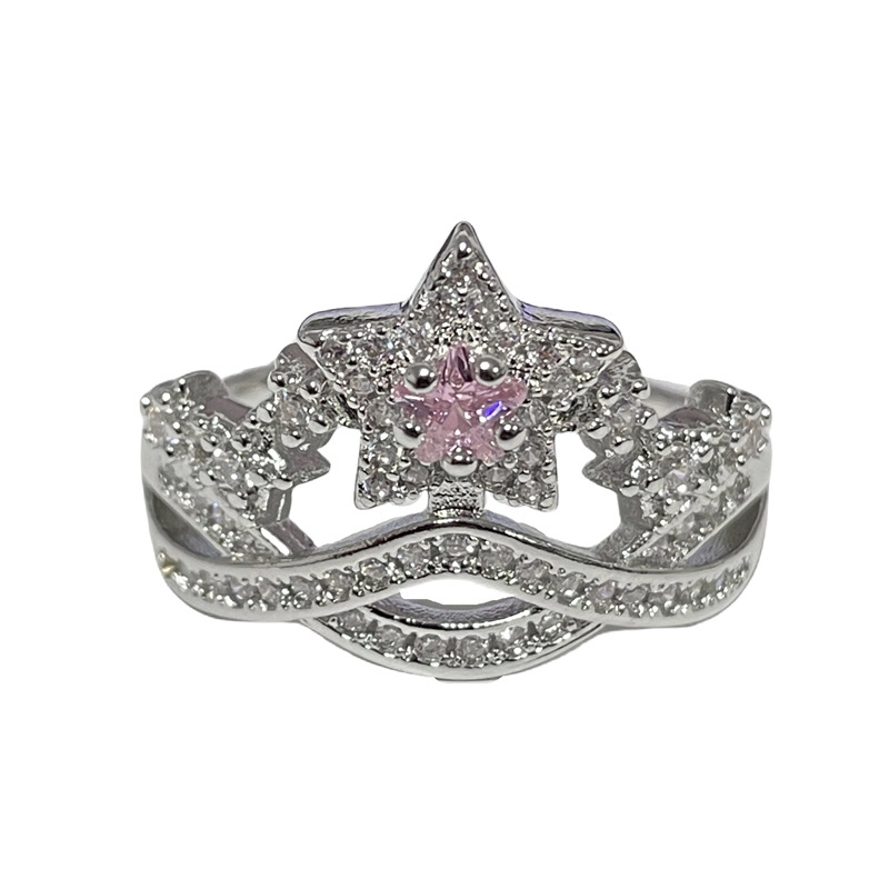 Sweet and cool, super fairy-like, niche design, crown, star, pink diamond open ring, women's fashionable bow, exquisite and versatile ring Item Picture