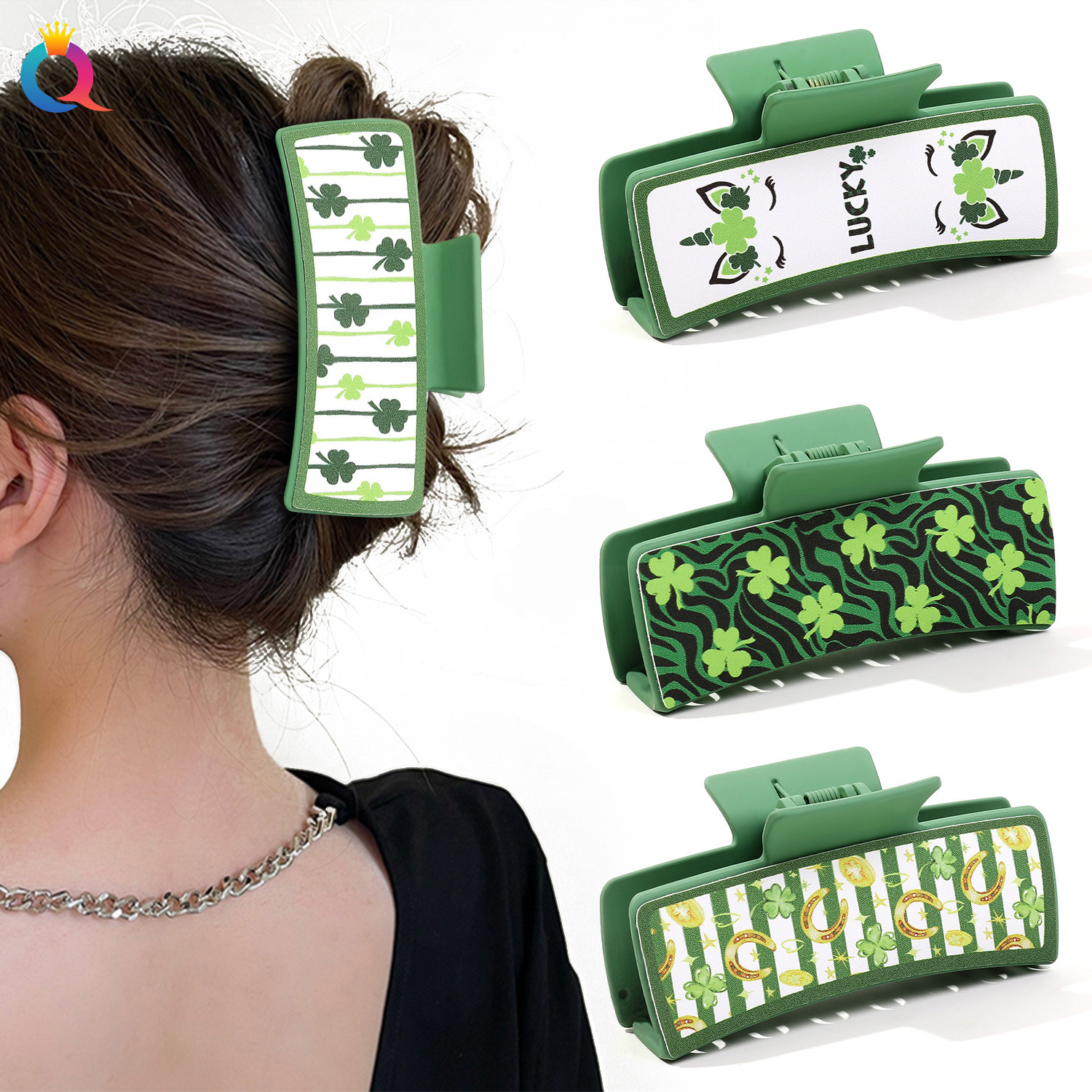 Wholesale of Qiyue Amazon Ireland PU shark clips, leather hair clips, St. Parker's Day hair accessories clips, and updo clips full figure