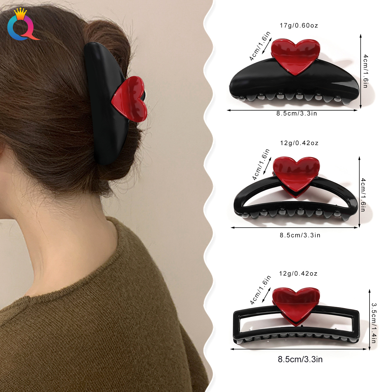 Qiyue small heart-shaped hair clip at the back of the head, a high-end female shark clip, hair bun clip, hair clamp, ponytail clip, hair accessory wholesale details Picture