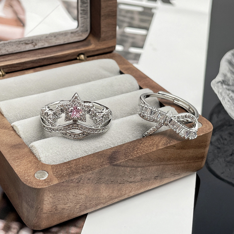 Sweet and cool, super fairy-like, niche design, crown, star, pink diamond open ring, women's fashionable bow, exquisite and versatile ring Specification drawing
