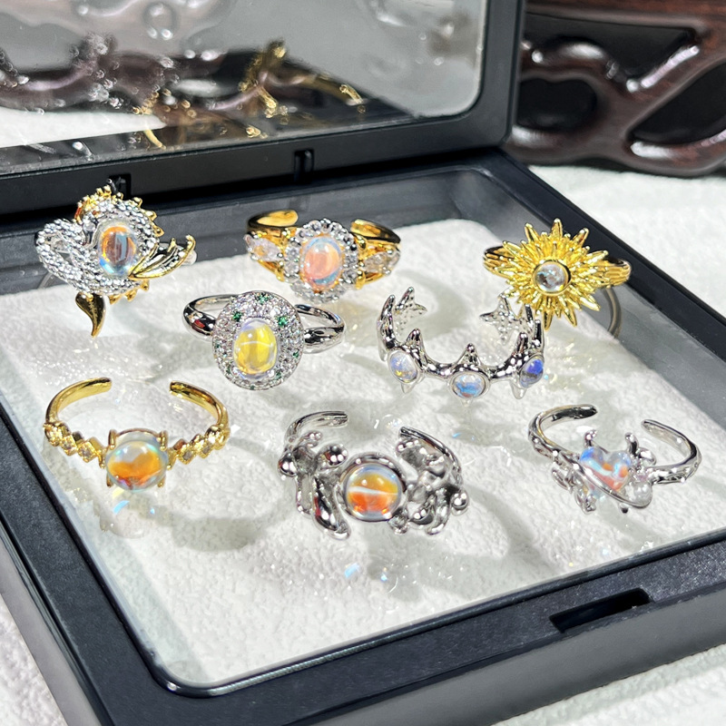 New Chinese-style retro moonstone sweet and cool ring for women, adjustable geometric, fashionable, exquisite and versatile index finger ring trend details Picture