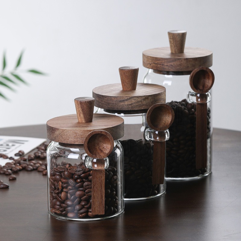 High borosilicate glass jar, acacia wood lid sealed jar, tea jar, kitchen five-grain storage jar, spoon storage jar Specification drawing