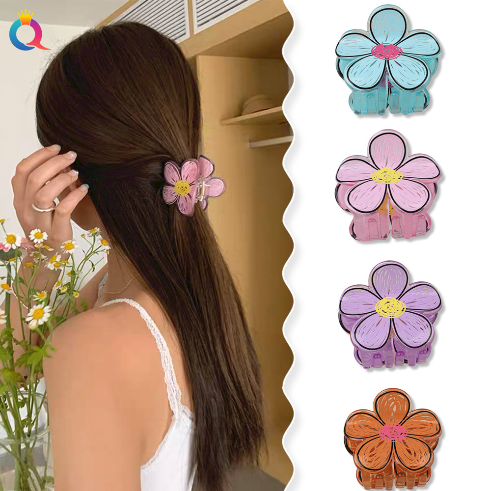 Wholesale of Qiyue hand-painted graffiti flower hair clips, acrylic grabbers, back head curls, hair grabbers, shark hair accessories details Picture