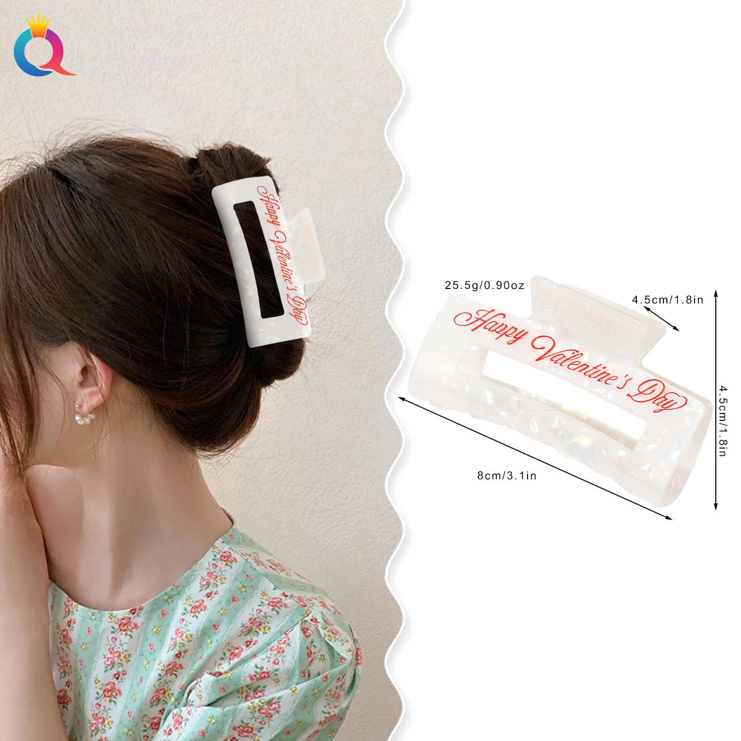 Qiyue Cross-border Valentine's Day hair clip, acetic acid shark clip, high-end style, updo, printed grab clip, sweet hair accessory wholesale details Picture