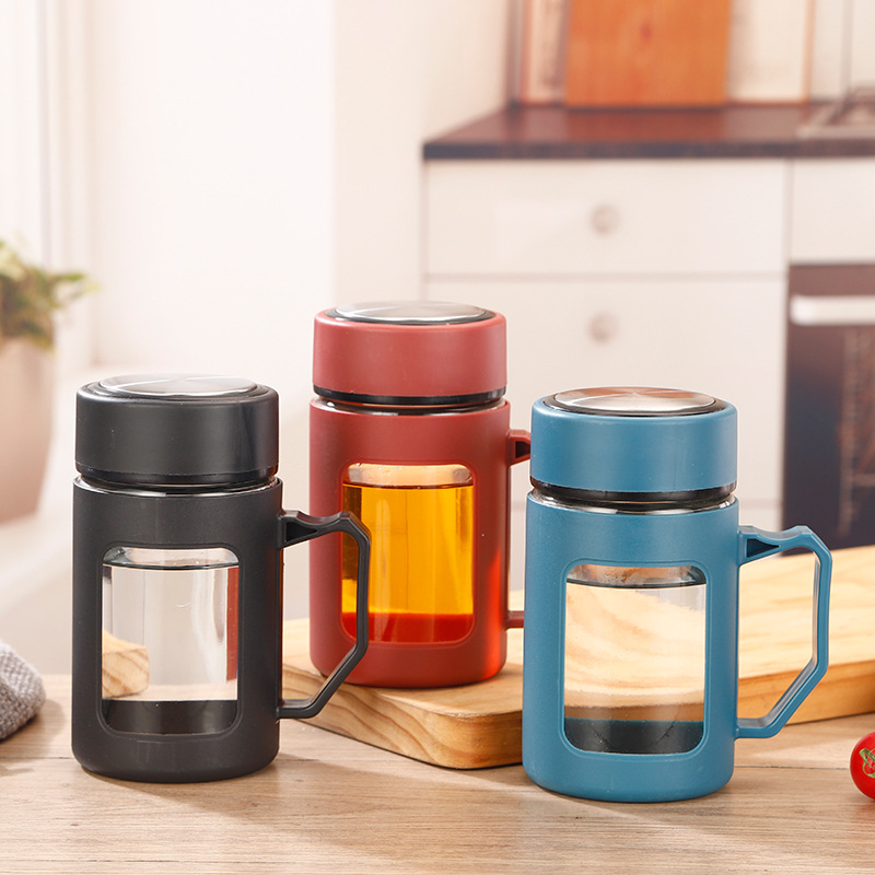 Handle cups, tea brewing cups, flower tea glass plastic glass cups, gift cups, advertising cups, can be printed with logos, wholesale tea and water separation Specification drawing