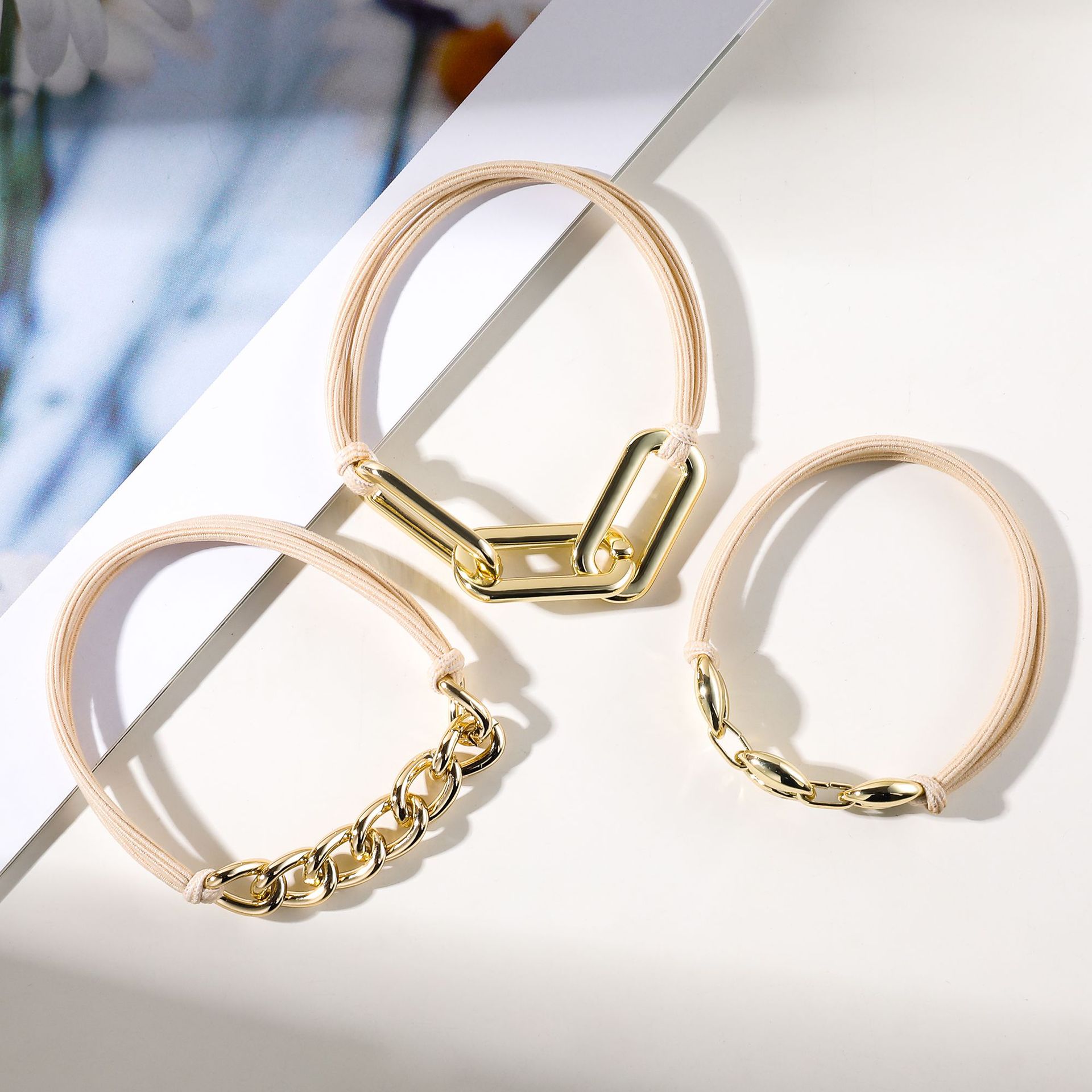 Qiyue Cross-border Amazon metal chain, rubber band, high-quality electroplated alloy hair rope, hair loop, bracelet, wristband and hair tie details Picture
