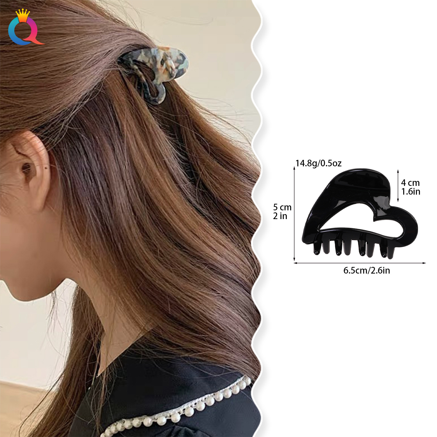 Qiyue Cross-border Acetic Acid Small Grab Clip, heart-shaped bangs hair clip, high-end updo, shark clip, hair accessory and headwear wholesale details Picture