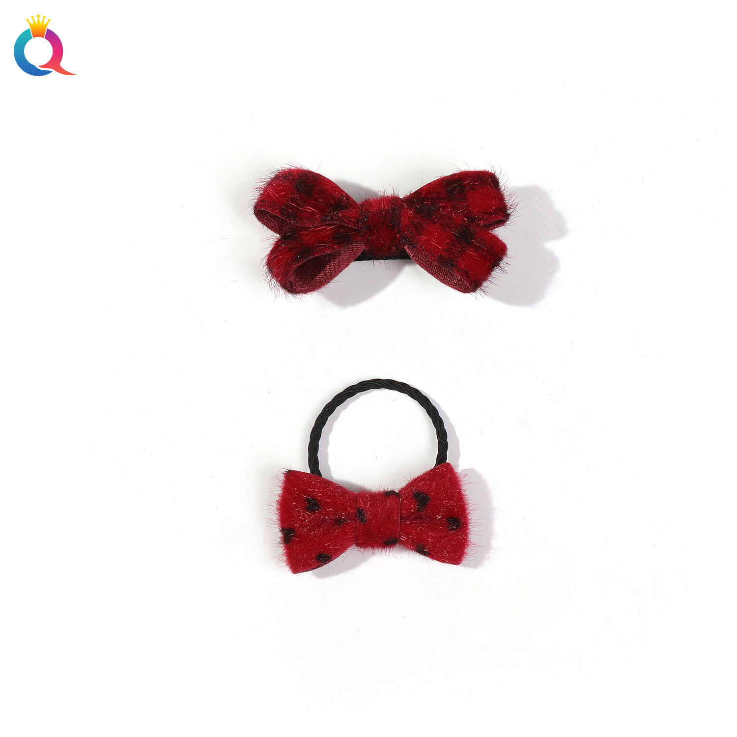Wholesale of Qiyue plush bow hair tie hair clips, heart-shaped leopard print duckbill clips, high school elastic rubber band hair ties and hair accessories Item Picture